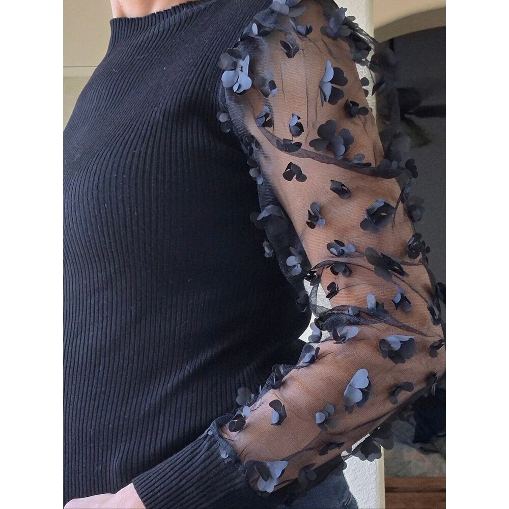 Almost Famous, Ribbed, Mock Sweater, with 3D Floral Mesh Sleeves - Picture 16 of 16